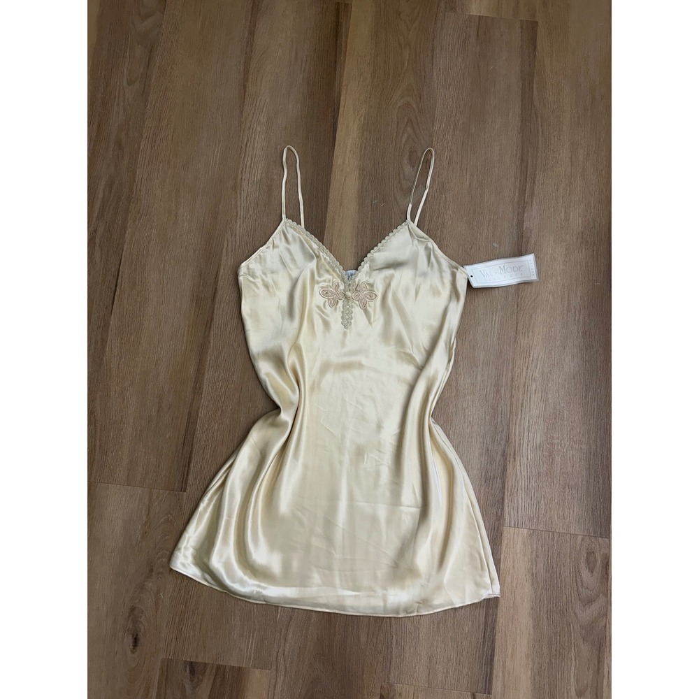 Vintage Gold Champagne Satin slip dress Chemise Nightgown Soutache Medium NEW